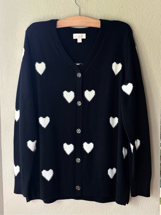 Belle Kim Gravel Sweaters - 🖤 Belle by Kim Gravel Falling in Love Fuzzy Heart V-Neck Cardigan Sweater‎ XL